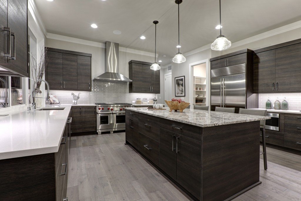 modern kitchen in white and dark wood colors