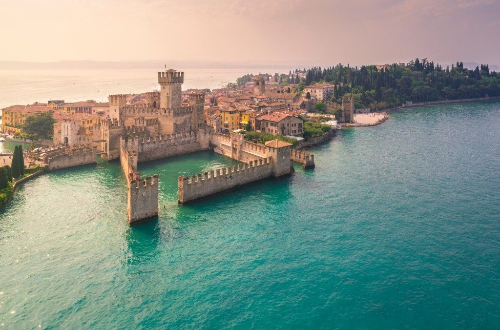 Aerial view of Sirmione, an ancient village on southern Garda Lake. Brescia province, Lombardy